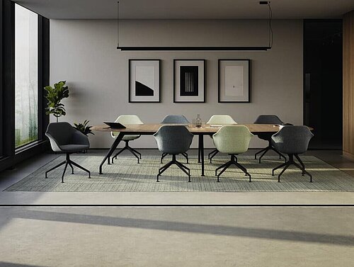 Yonda Conference chairs in conference room, long meeting table scene