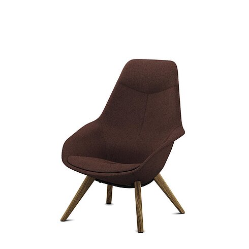 Yonda Lounge chair, cut-out, front view, brown fabric with wooden legs