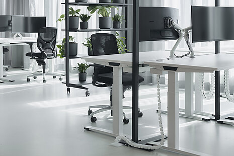 In an open-plan office, there are white height-adjustable desks. Black IN swivel chairs are placed around them. The office is decorated in shades of gray, white, and black.