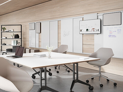 Confair Next elements in a modern workshop room with mobile whiteboards, shelving unit and collaborative tables
