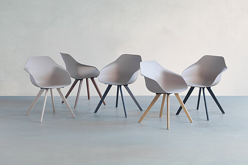 Yonda chair, cut-out, rear view, mixed colors and bases