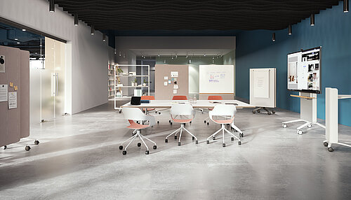 Confair Next media walls in collaborative workspace with mobile tables and chairs