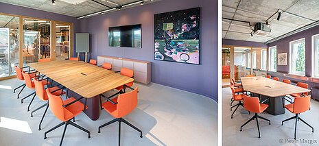 The photo shows the same conference room from two different angles: one taken from the right side and one from the left. The walls are painted purple, and in the center stands a large wooden table with Pep chairs around it, which have black frames and orange upholstery.