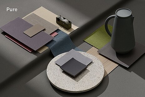 The mood board combines soft, neutral colors such as gray, beige, and pastel blue with clean, minimalist materials. The combination has a calm, minimalist, and modern feel—perfect for bright, uncluttered interior designs.