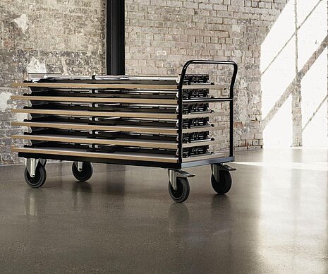 mAx folding tables stacked on transport trolley, storage situation