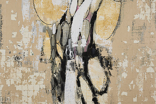A painting showing abstract art. The painting is done in shades of brown and gray.