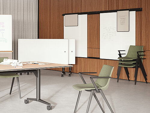 Confair Next elements in modern workshop room with mobile partitions, media board and writable panels
