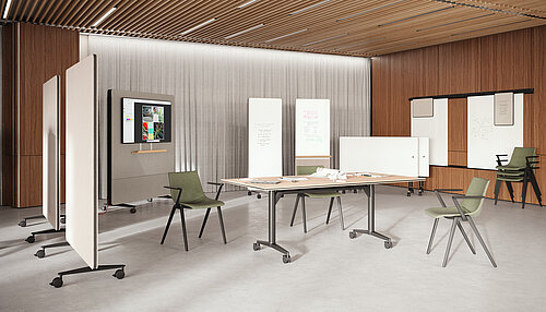 Confair Next elements in modern workshop room with mobile partitions, media board and writable panels