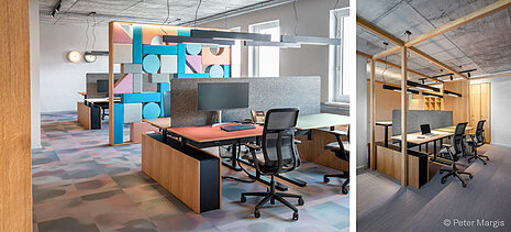 These are two shots of two different offices, each featuring black AT Mesh swivel chairs. Both offices are decorated in bright, colorful tones.