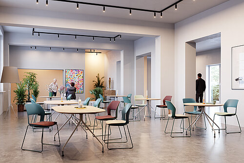 Occo chairs in open dining area with round tables