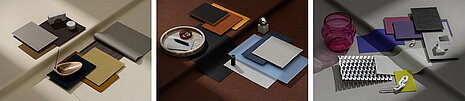 There are several fabric options displayed as inspiration for a mood board. One features earthy tones, the second combines brown and orange tones with blue and yellow, and the third is mostly gray with a few hints of purple, blue, and yellow.